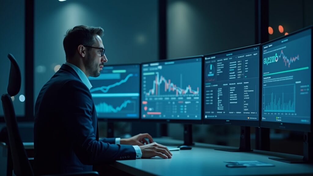 Official at a Norwegian central bank reviews a payments dashboard, with a subtle Norwegian flag, symbolizing CBDC neutrality.