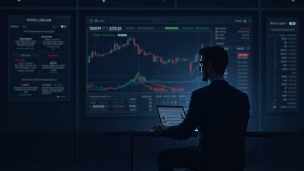 Analyst reviews a crypto chart with a falling wedge, RSI divergence, and MACD in a newsroom setting.