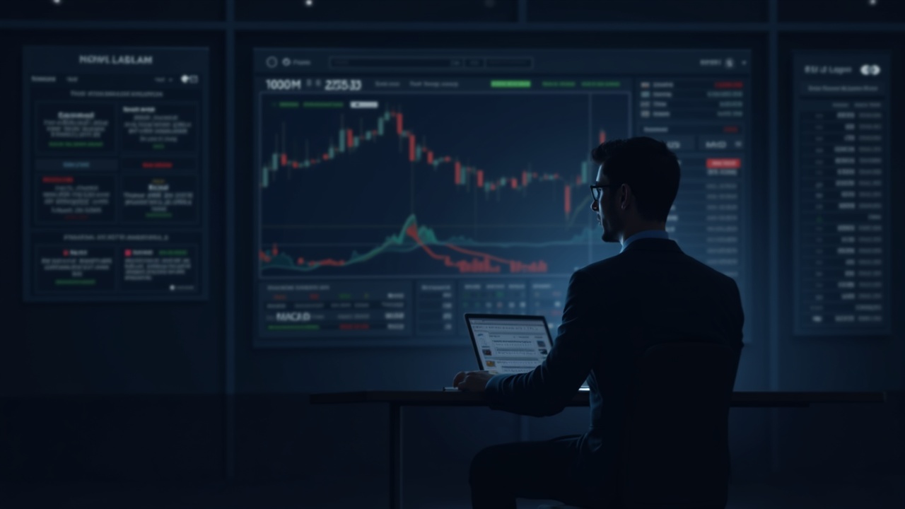 Analyst reviews a crypto chart with a falling wedge, RSI divergence, and MACD in a newsroom setting.