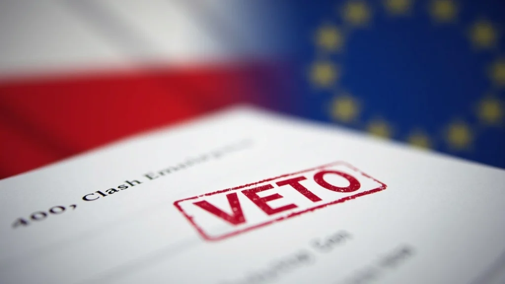 Center-focused veto document stamped VETO, with blurred Poland flag behind and an EU flag beside.