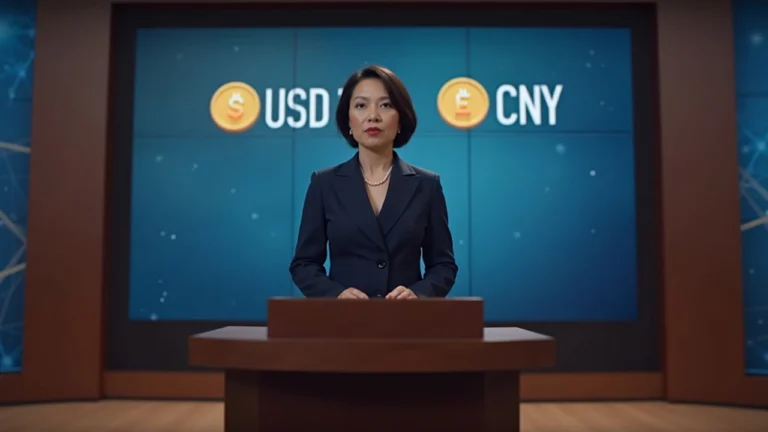 Editorial shot of a policy official at a podium with newsroom backdrop and USD-stablecoin and e-CNY icons.