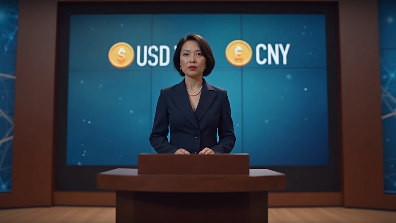 Editorial shot of a policy official at a podium with newsroom backdrop and USD-stablecoin and e-CNY icons.