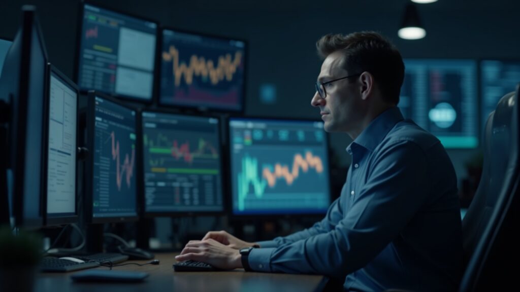 Editorial photo of a trader at a desk with market screens in a newsroom setting, neutral lighting, solemn mood.