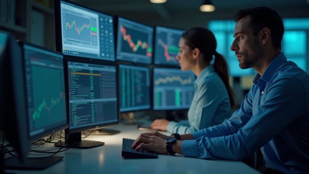 Editorial portrait of a trader at a clean desk with multiple monitors showing a calm, steady order book.