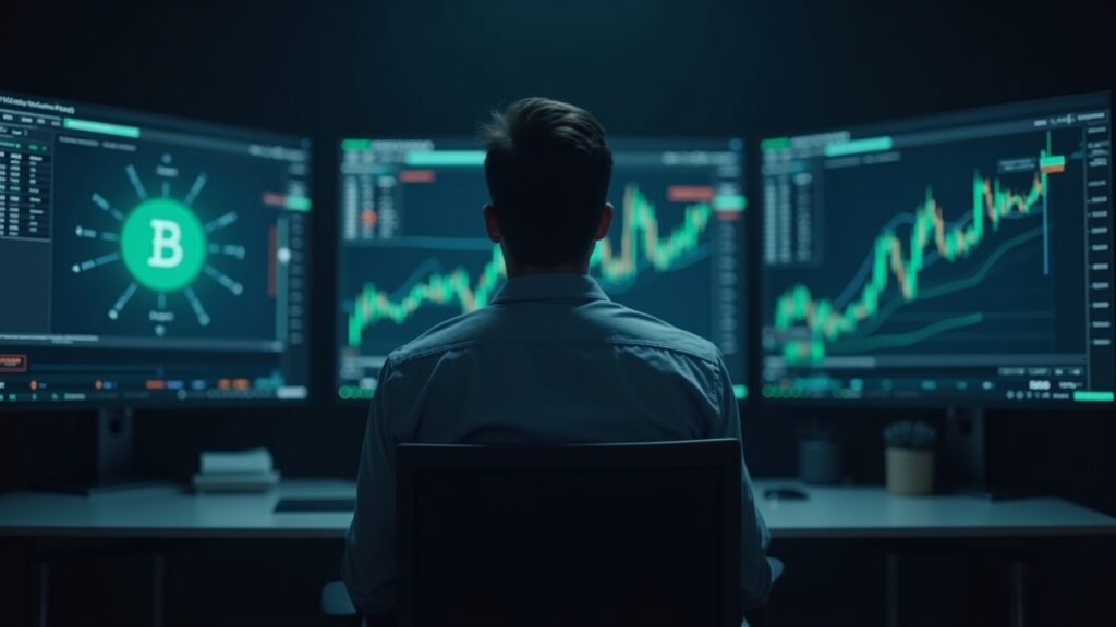 Editorial portrait of a financial professional at a desk with monitors showing crypto futures and tokenized stocks.