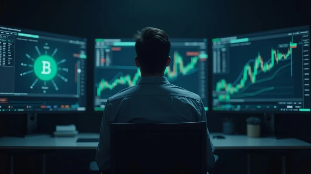 Editorial portrait of a financial professional at a desk with monitors showing crypto futures and tokenized stocks.