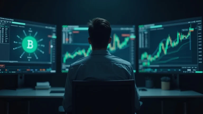 Editorial portrait of a financial professional at a desk with monitors showing crypto futures and tokenized stocks.