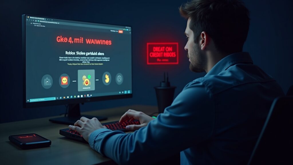 Security analyst at a desk with a laptop showing Roblox mods, crypto wallet icons, and a red warning about credential theft.