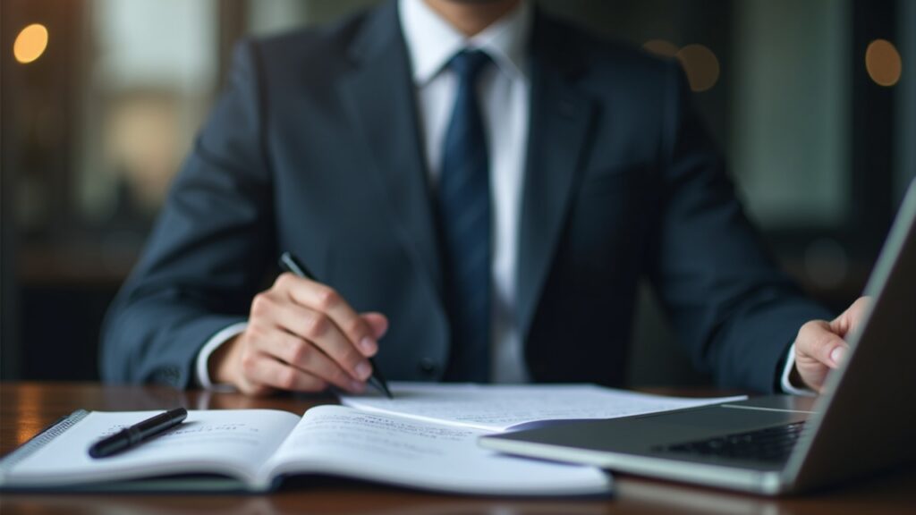 Suited lawyer at a conference table reviewing legal documents and a laptop about real-world asset tokenization.