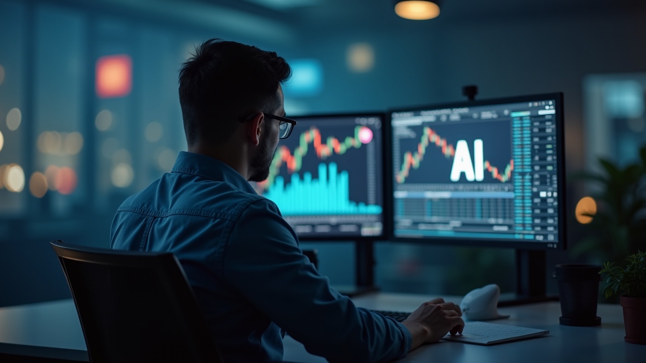 Editorial portrait of a market analyst at a newsroom desk with Bitcoin ticker and AI branding on screens, muted palette.