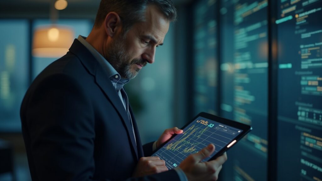 Editorial portrait of a Sberbank executive in a modern office, examining a tablet with crypto assets and a digital ledger.