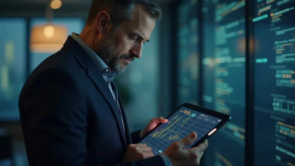 Editorial portrait of a Sberbank executive in a modern office, examining a tablet with crypto assets and a digital ledger.