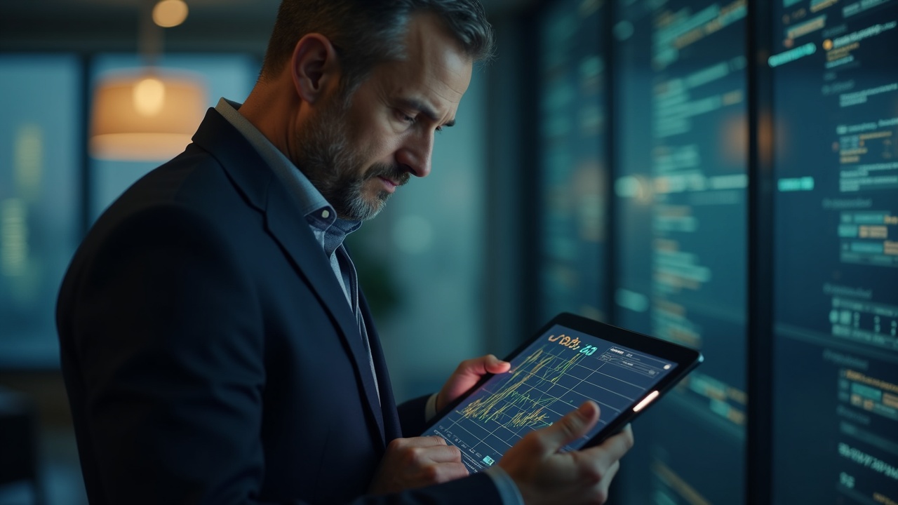 Editorial portrait of a Sberbank executive in a modern office, examining a tablet with crypto assets and a digital ledger.