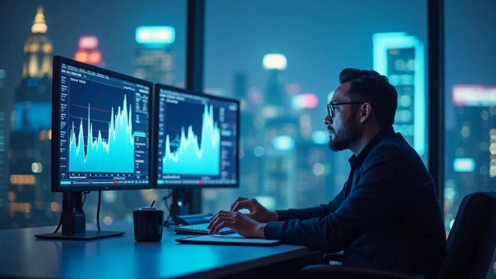 Editorial portrait of a financial analyst at a newsroom desk with rising RWA tokenization charts and Singapore skyline.