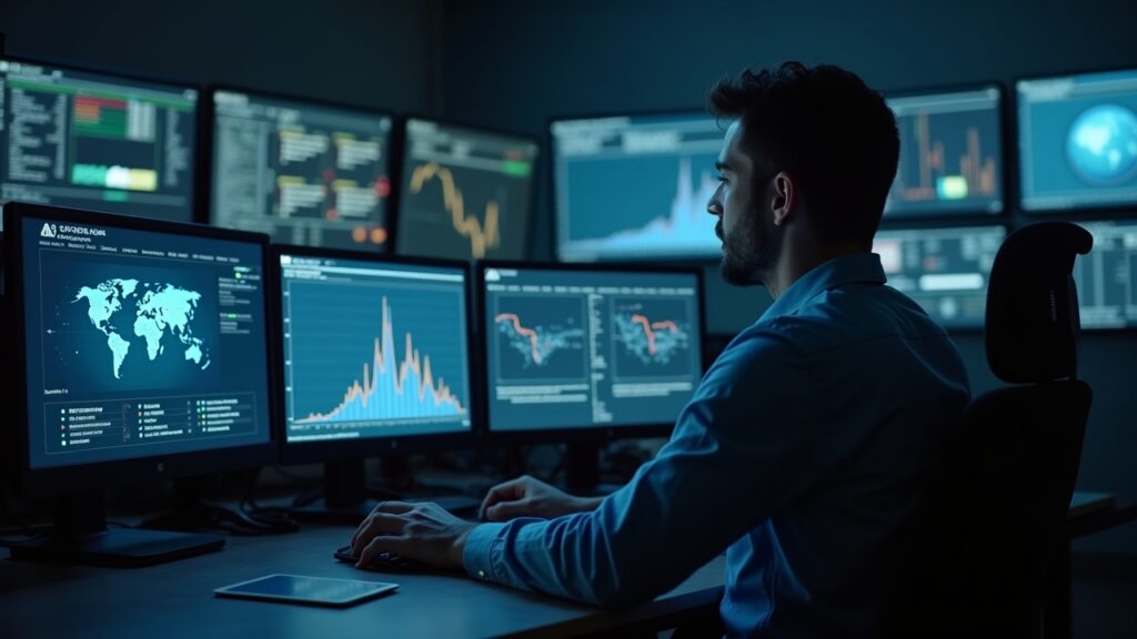 Newsroom analyst at desk examining Solana AVA launch metrics and front-running on screens