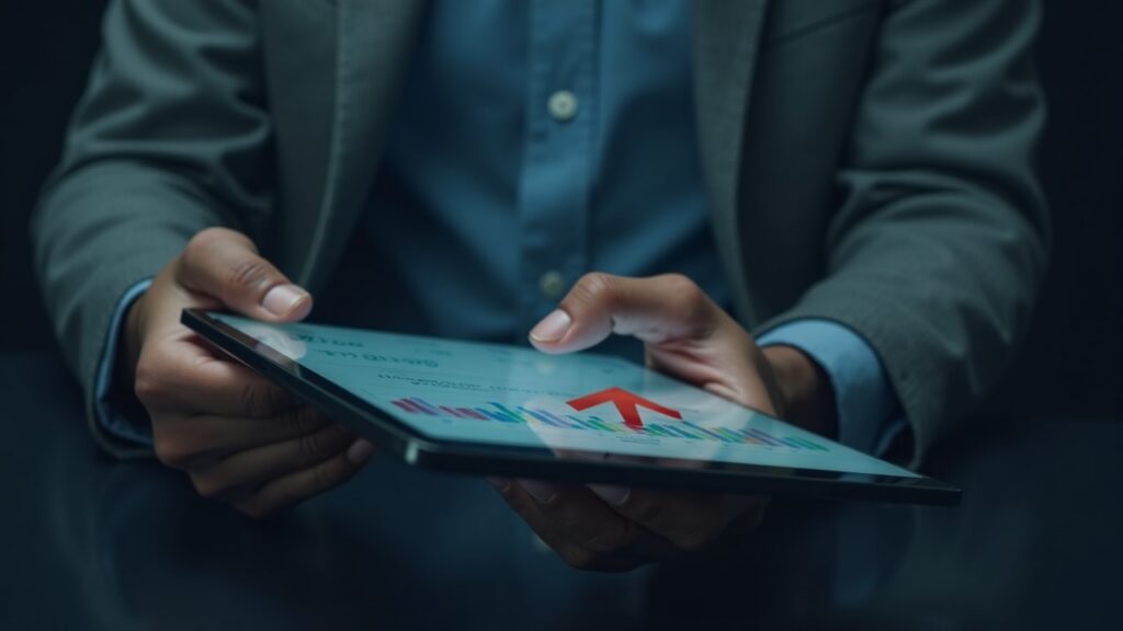 Analyst reviewing a tablet showing TSOL ETF data with a red outflow arrow signaling Solana ETF redemptions.