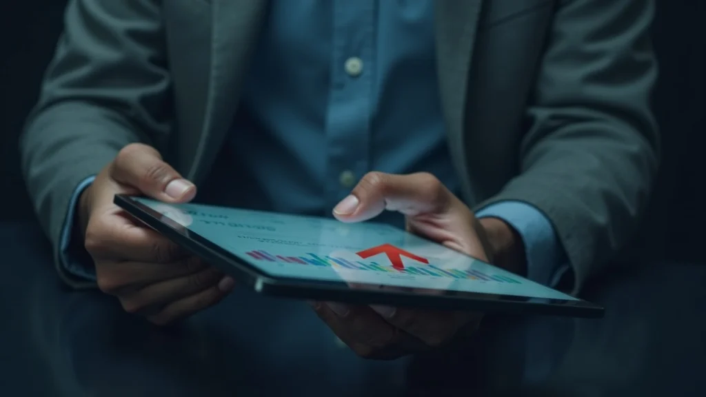 Analyst reviewing a tablet showing TSOL ETF data with a red outflow arrow signaling Solana ETF redemptions.