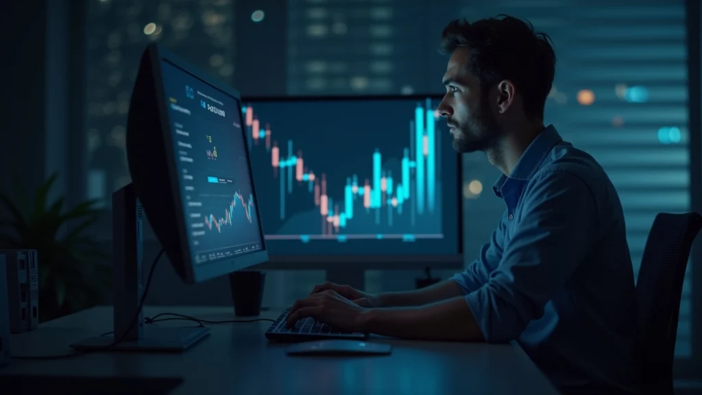 Editorial portrait of a security analyst at a desk, monitor shows Solana logo and a sharp price drop chart.