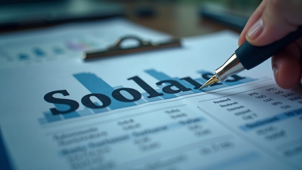 Analyst reviews documents with the Solana logo on a financial briefing backdrop, signaling unverified institutional backing.