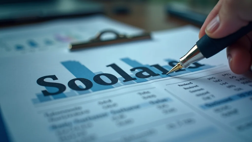 Analyst reviews documents with the Solana logo on a financial briefing backdrop, signaling unverified institutional backing.