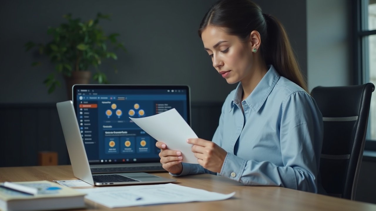 Bank treasurer reviews GENIUS Act documents at a desk; laptop displays a stablecoin dashboard in a neutral newsroom.