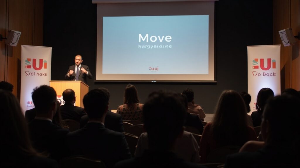 Presenter at podium during a Sui Connect event in Buenos Aires, Move language focus, attendees and banners visible.