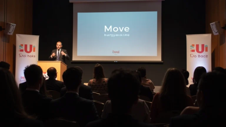 Presenter at podium during a Sui Connect event in Buenos Aires, Move language focus, attendees and banners visible.