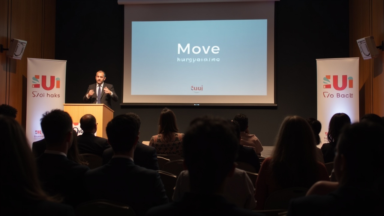 Presenter at podium during a Sui Connect event in Buenos Aires, Move language focus, attendees and banners visible.