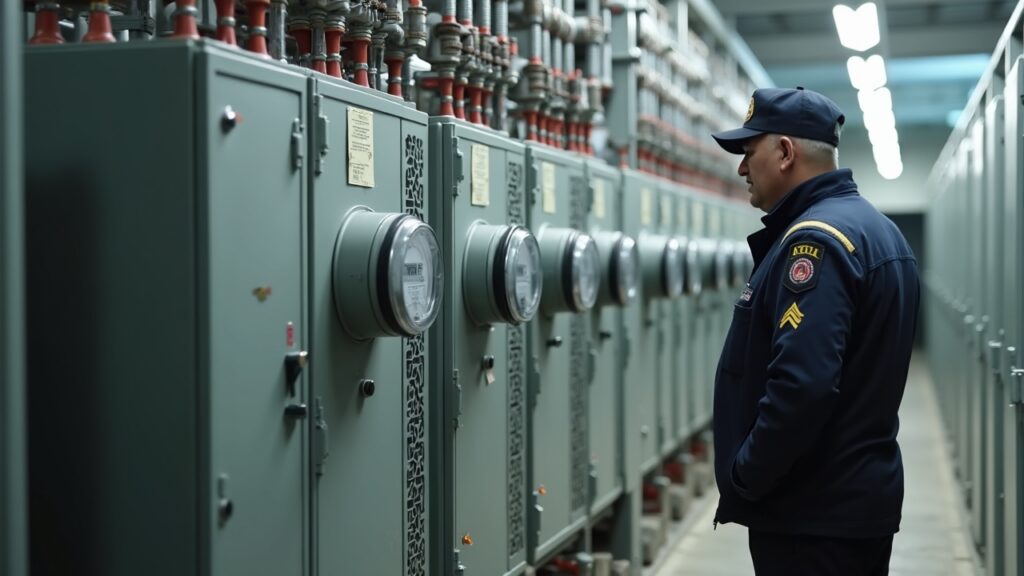 Crypto mining rig connected to meters with an official inspecting panels, signaling Tajikistan electricity-theft penalties