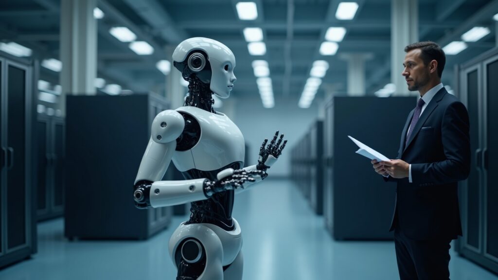Humanoid robot in a clean lab with server racks, while a suited executive presents a robotics investment report.