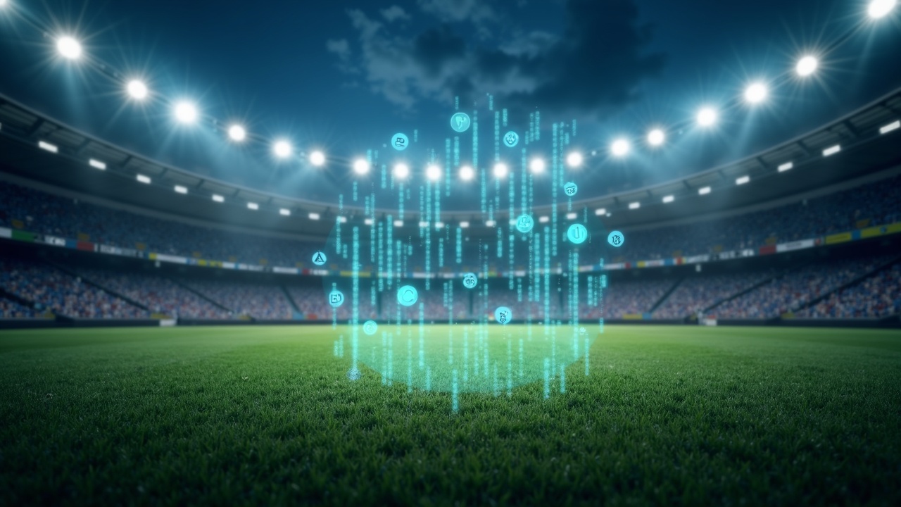 Stadium backdrop with translucent token icons and a blockchain ledger overlay illustrating tokenized football revenues