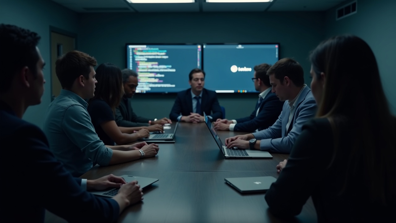 Editorial portrait of a diverse government tech team in a briefing room; screens show code and Coinbase and Robinhood logos.