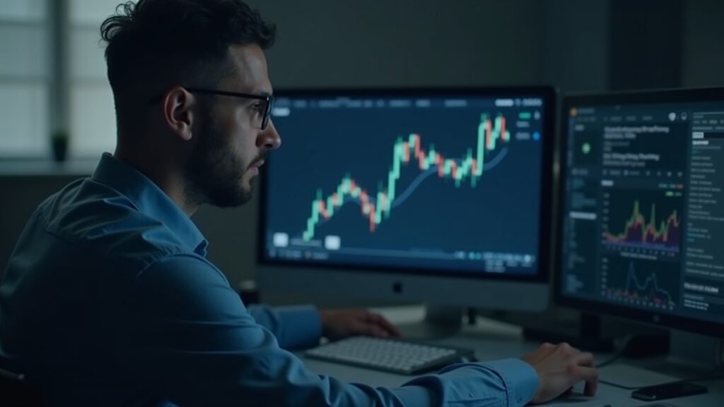 Editorial portrait of a financial analyst in a modern office, screen shows Degen Economy ETF with crypto and gaming icons.