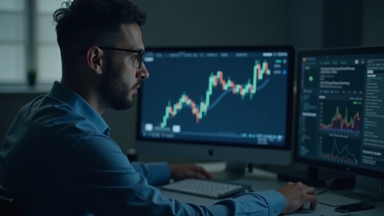 Editorial portrait of a financial analyst in a modern office, screen shows Degen Economy ETF with crypto and gaming icons.