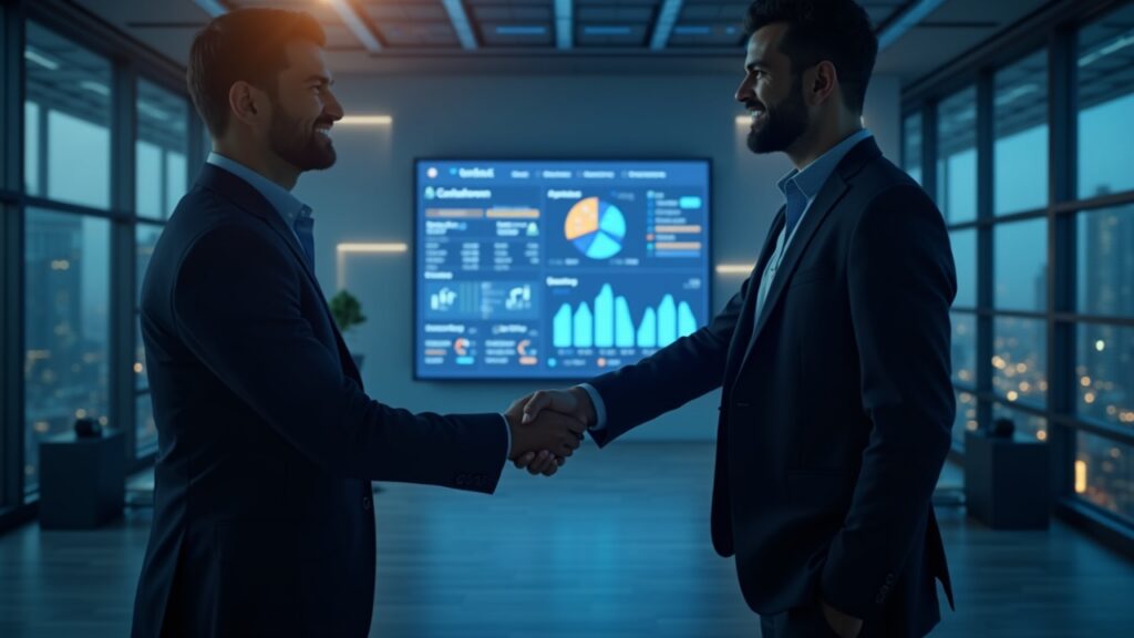 Two executives shaking hands in a fintech studio with a DeFi dashboard and VerifiedX & Blockdaemon branding.