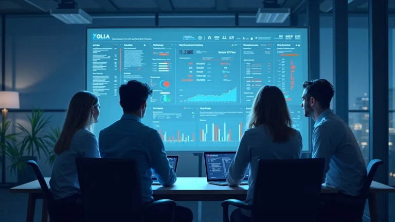 Bank executives review a dashboard of USDC transfers on a Solana-like ledger, illustrating institutional settlement.
