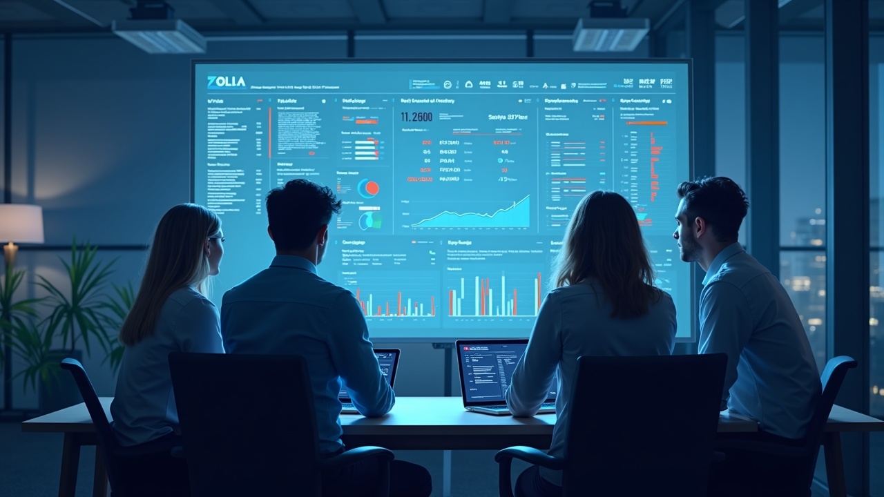 Bank executives review a dashboard of USDC transfers on a Solana-like ledger, illustrating institutional settlement.