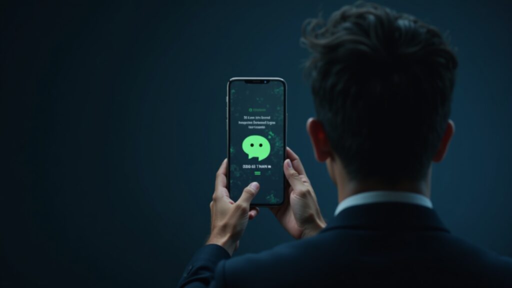 Crypto executive faces a smartphone displaying the WeChat icon and a market spike, signaling a hack-driven pump-and-dump.