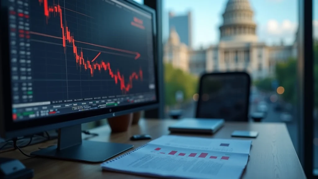 Trading terminal shows WLFI price drop, desk with reports, and a blurred regulatory building hinting at governance scrutiny.