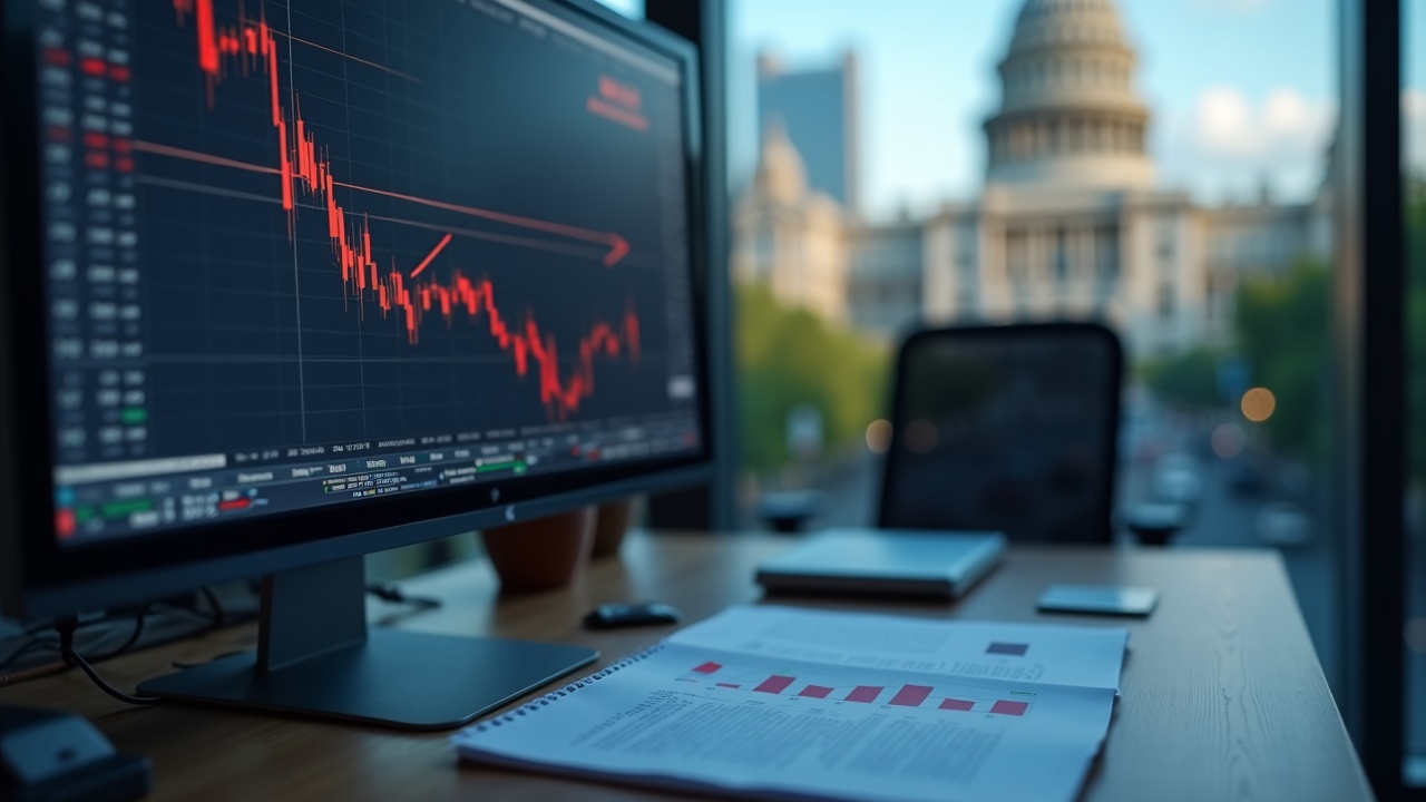 Trading terminal shows WLFI price drop, desk with reports, and a blurred regulatory building hinting at governance scrutiny.