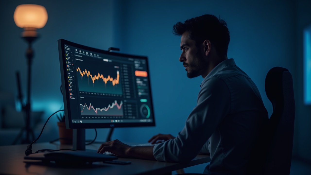 Editorial portrait of a financial analyst at a modern desk, monitor shows XRP ETF inflows over 15 days approaching $1B AUM.