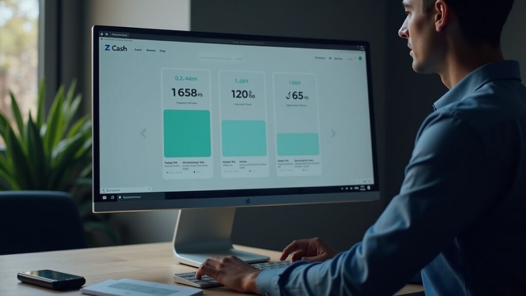 Professional at a desk viewing a monitor showing Zcash logo with median-based and bucketed-fee UI