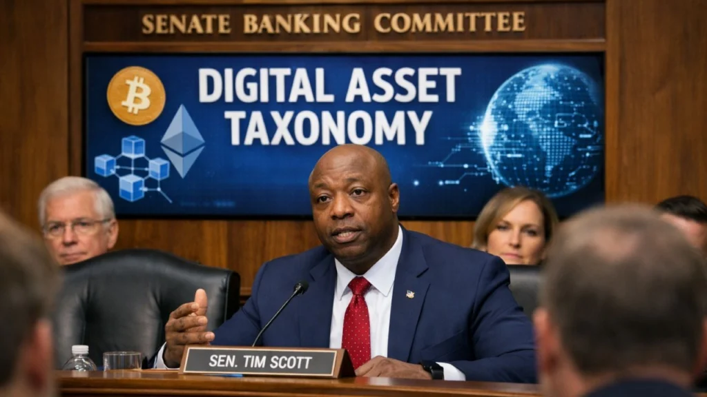 Editorial photo of Tim Scott at the Senate Banking Committee hearing on digital asset taxonomy, with CFTC and SEC documents.
