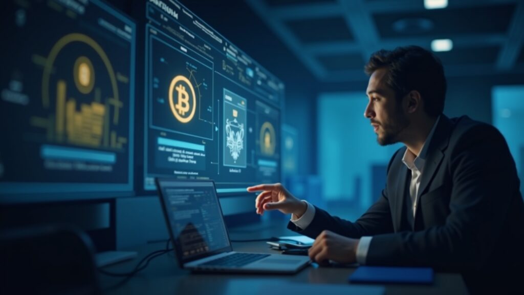 Business professional reviewing a digital display featuring cryptocurrency icons and AI graphics