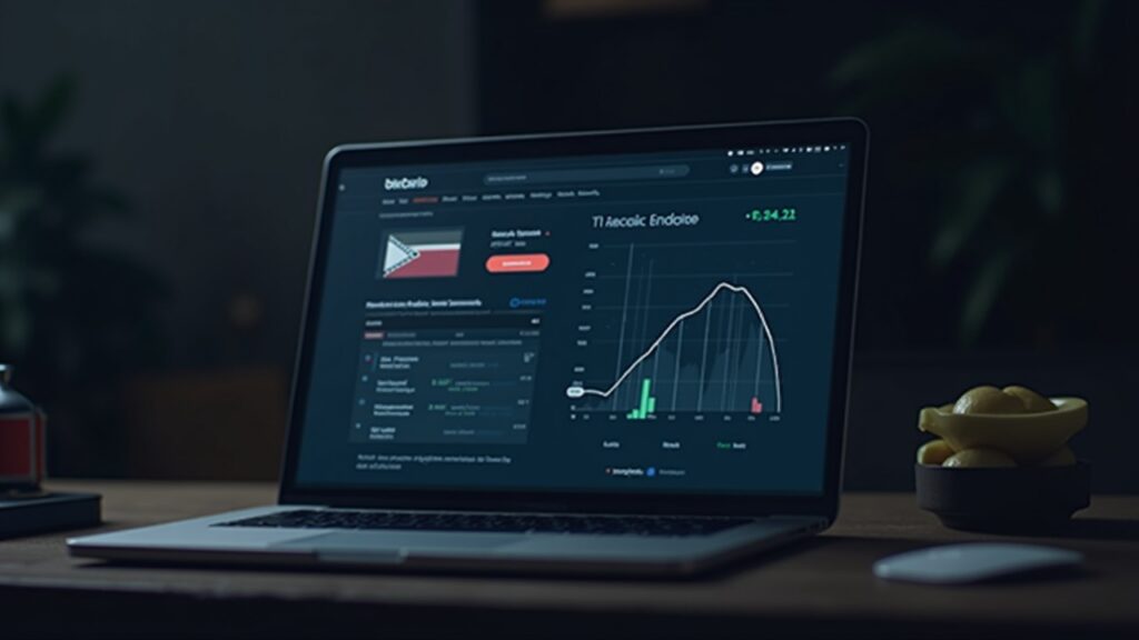Newsroom desk with a laptop displaying a blockchain ledger, ruble symbol, USDT bridge icons, and a red sanctions sign.