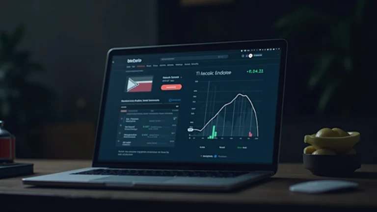 Newsroom desk with a laptop displaying a blockchain ledger, ruble symbol, USDT bridge icons, and a red sanctions sign.