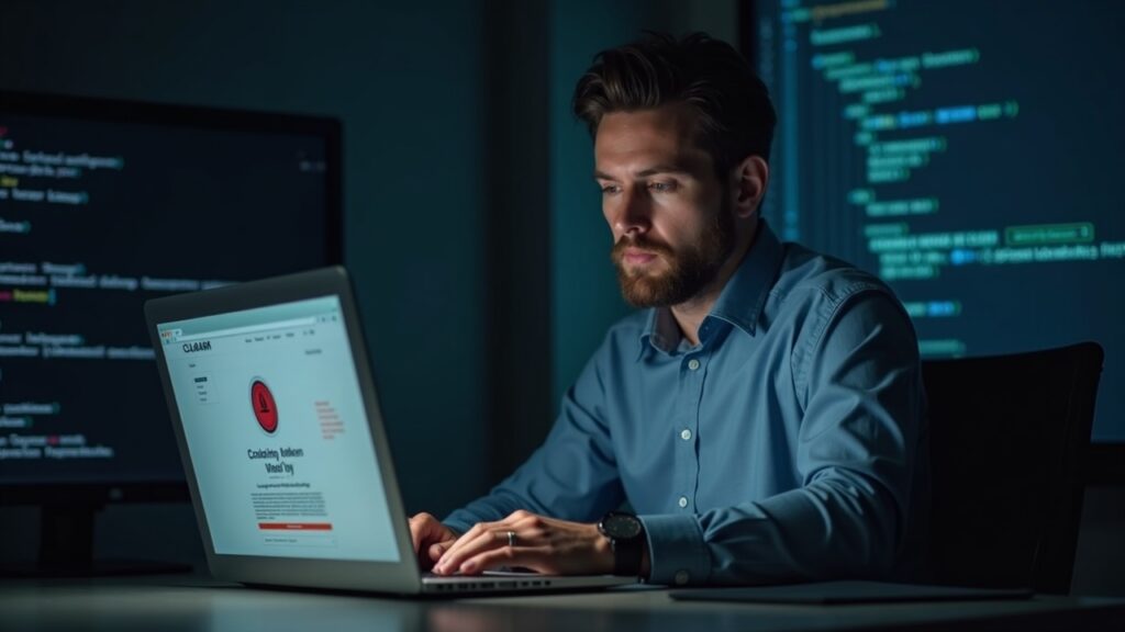 Analyst at desk viewing laptop displaying fake CLAWD/MOLTbot token page with a red warning badge.