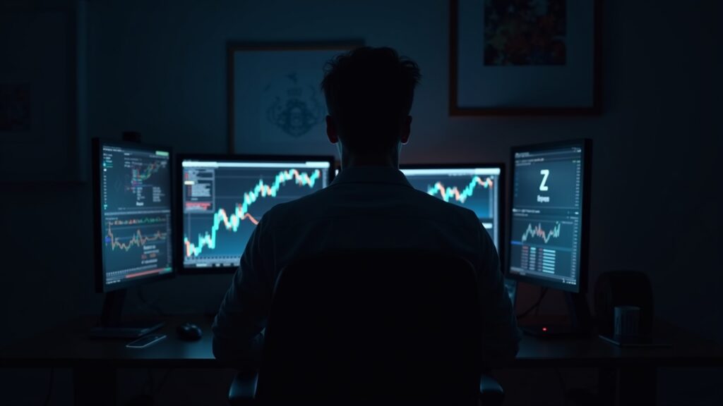 Financial analyst at a desk watches Bitcoin rally on screens while Monero and Zcash logos appear dim.