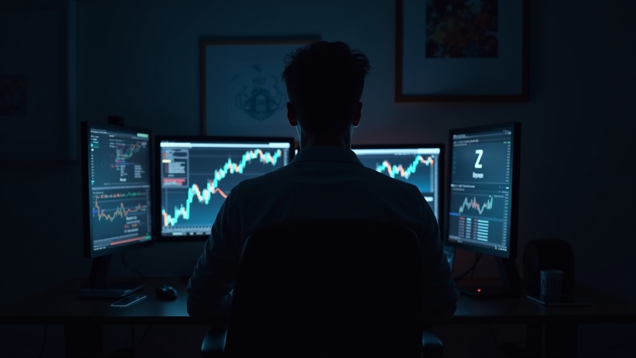 Financial analyst at a desk watches Bitcoin rally on screens while Monero and Zcash logos appear dim.