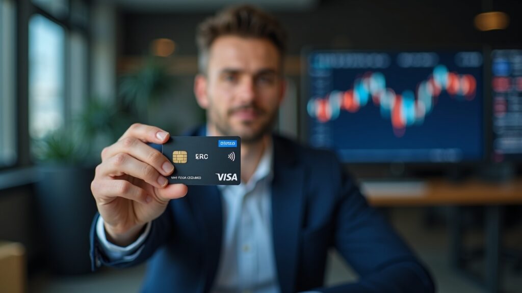 Fintech executive portrait in an office, holding a Bitcoin-backed Visa card with BTC and ARS charts on screen.